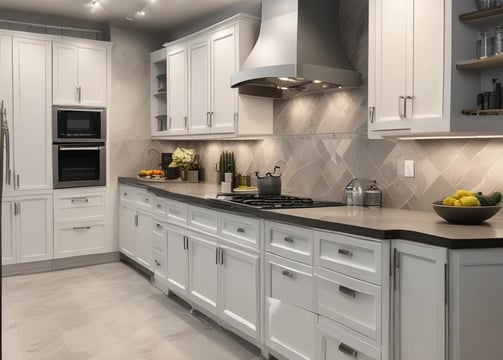 A modern kitchen area is partially visible through an open door. The design features white cabinetry, a green tiled backsplash, and a sleek faucet. A small table and chair are situated nearby, with neutral tones creating a minimalist aesthetic. The lighting is warm, contributing to a cozy ambiance.