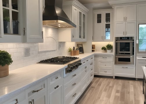 A modern kitchen features a central island with four wooden stools. The cabinetry combines white and natural wood finishes. Black pendant lights hang above the island. The space includes built-in appliances and a large sink. A stairway with a glass railing is visible to the left.