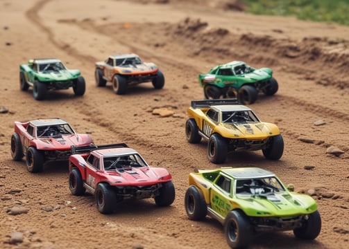 A child’s hand is placed on top of a black remote-controlled toy car with large, rugged tires and green and white decals. The car has a robust, off-road design, and is positioned on a smooth, light-colored surface.