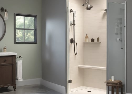 A modern bathroom with marble walls and a sleek, black showerhead. The shower area features built-in niches for toiletries. Outside the shower, there is a circular mirror, a wooden vanity with a white countertop, and a red towel hanging nearby. A wooden bath brush is seen hanging inside the shower enclosure.