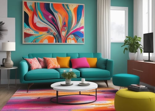 A vibrant street mural covers the exterior of an ornate building with two wooden doors. The walls are painted with bright orange and red hues, showcasing a dynamic design featuring flowing lines and blue glowing orbs. The artwork intricately weaves around the architectural elements, including a window with bars and decorative moldings.