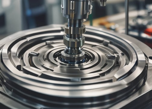 A detailed view of a polished metal component, likely part of an engine or machinery, with various interconnected parts and tubes. The metallic surfaces are shiny and reflect light, creating a smooth and industrial aesthetic.