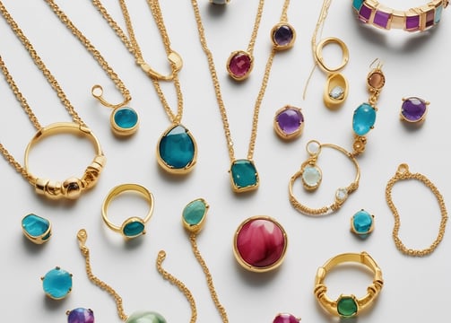 A gold ring adorned with multiple gemstones sits on a flat surface. The stones come in various shapes and colors, including red, blue, green, and clear, set within the band