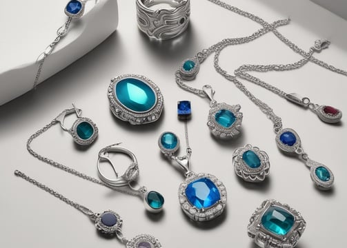 A gold ring adorned with multiple gemstones sits on a flat surface. The stones come in various shapes and colors, including red, blue, green, and clear, set within the band