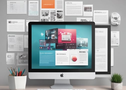 A laptop computer with a website displayed on the screen featuring the text 'Exceptional Web Application design & development'. The laptop is on a dark surface, and the website has a clean and modern design with a light background and colorful text elements.