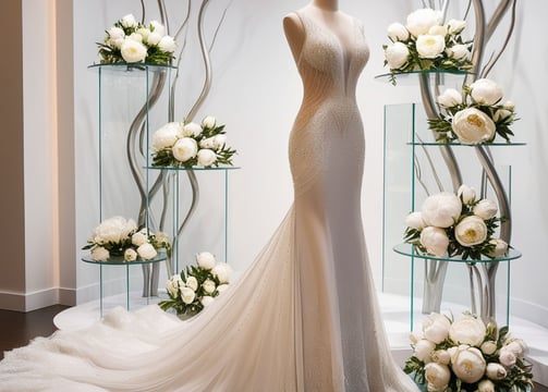 a wedding dress with a dress form in a display case