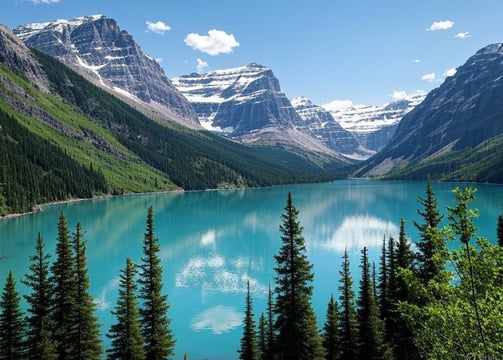 Paysage estival des Rocheuses canadiennes : montagnes enneigées, lac turquoise scintillant