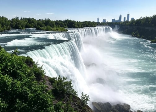 Chutes Niagara et skyline de Toronto en été, vignes verdoyantes, eau turquoise, ciel bleu éclatant,