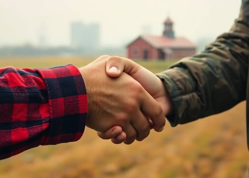 Handshake: Handshake between a person in a red flannel shirt and a soldier.