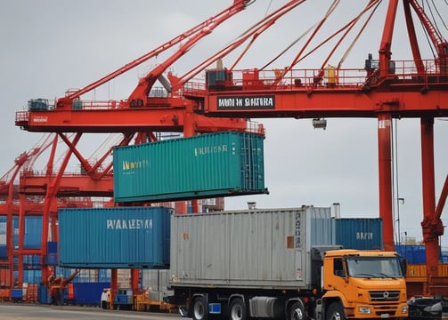 A cargo container lifting mechanism is hoisting a blue shipping container with 'CMA CGM' written on it. The area is surrounded by stacks of colorful shipping containers in various sizes. In the background, there is a harbor with cranes and wind turbines visible, along with some industrial buildings.