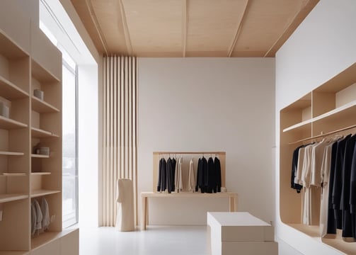 A modern interior space featuring a minimalist design with sleek furniture, including a black chair, a wooden stool, and white circular platforms. The room is well-lit with white and black pendant lights, and the walls have soft white curtains. A long table with white chairs is present, and the decor includes framed artworks on the wall.