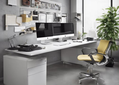 a desk with a computer monitor and a desk with a chair