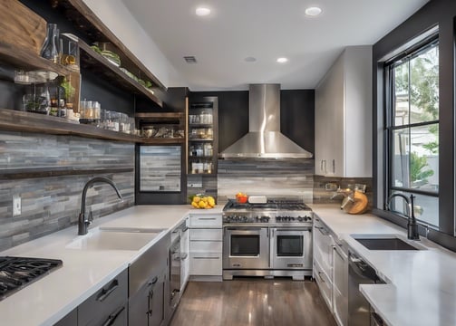 A modern bathroom features large, smooth tiles on the walls and floors, a sleek white countertop with built-in sink and storage cabinets, and a large illuminated mirror. Recessed ceiling lights provide ample illumination, and a walk-in shower with a glass partition is situated at the far end. A window allows natural light to enter, enhancing the minimalist aesthetic.