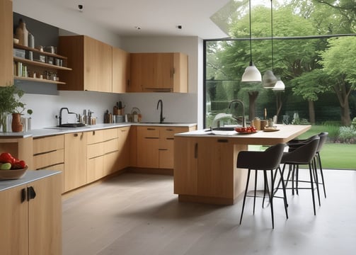 A modern kitchen interior with a marble countertop and a high chair positioned at the island. Above the counter is a sink with a sleek, metallic faucet. The background features open shelving with decorative items including a potted fern and vases. The space is lit naturally, highlighting the textured surfaces and clean lines.