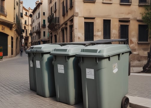 Three recycling bins of different colors stand side by side on a cobblestone street. The bins are labeled with the text 'Porto' and are designated for different types of waste: green for general waste, blue for paper, and yellow for plastics and metals. In the background, there is a vehicle and a building covered with scaffolding.