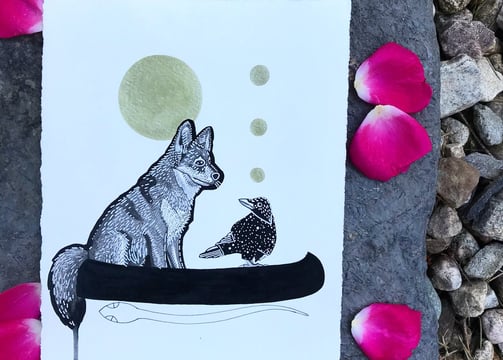 a coyote and raven sitting in a canoe together