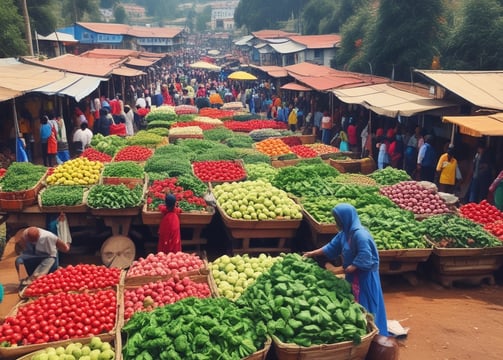 A market stall with colorful sacks of produce, particularly onions and potatoes, stacked high with a person sitting behind the counter. Crates and a variety of goods are scattered around the area, and there are signs with Hindi text hanging above. The setting appears to be a bustling market environment.