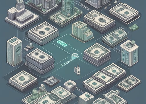 Floating cryptocurrency symbols and digital binary code cubes hover above a swirling blue water background, suggesting a connection between digital finance and fluidity.