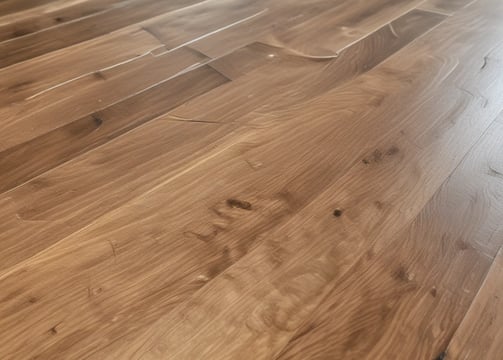 A detailed view of a wooden floor structure with overlapping planks and visible beams. The boards and beams appear weathered and aged, possibly part of a construction or renovation project. The surface shows signs of wear and some dust accumulation.