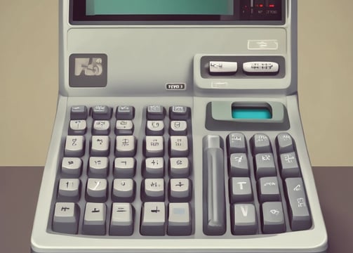 An old-fashioned cash register or adding machine is situated on a counter surrounded by shelves filled with books. The background is slightly blurred, suggesting a cozy, retro environment that might be a bookstore or library.