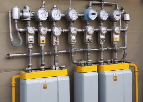 A large, industrial facility with multiple cylindrical metal tanks equipped with various pipes and valves. Control panels with lit indicators are mounted on the walls. A person in a reflective vest walks alongside a row of yellow safety railings.