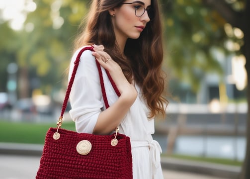 A hand with painted nails holds a small, dark red crocodile leather handbag with a gold decorative clasp. The background is plain and light-colored, accentuating the bag and hand.