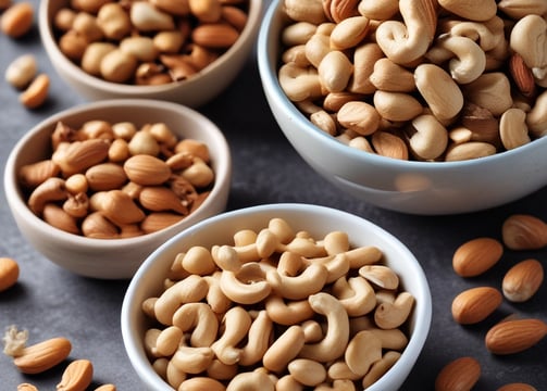 Three small bowls are arranged on a textured metal surface, each containing different types of nuts and dried fruits. The leftmost bowl, which is turquoise, holds small round tiger nuts. The middle bowl, orange in color, contains cashew nuts, and is positioned slightly lower than the other two. On the right, a brown bowl is filled with a few dates. Scattered around the bowls are additional nuts and dates that add to the rustic composition.