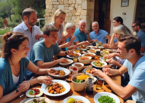 a group of people sitting at a table with plates of food