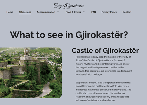 a website page with a picture of a castle