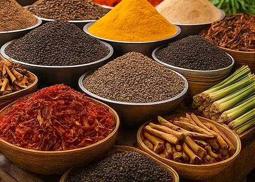 Colorful spices like turmeric, black pepper, and star anise in rustic bowls on a trade display.