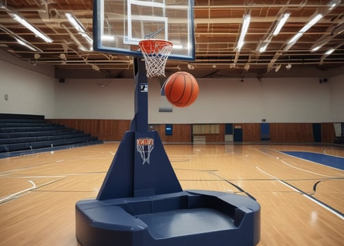 A basketball hoop stands in the foreground on an outdoor court with a multicolored surface. Behind the court is a large residential building with a grid of windows and balconies, some of which have laundry hanging on them. Palm trees are visible on either side of the hoop, adding to the urban environment.