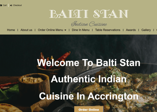 A restaurant website page of Balti Stan