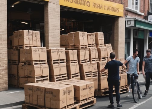 A stack of empty glass bottles organized neatly in black crates bearing the Pepsi logo and Arabic script. The crates are arranged in several rows and columns against a tiled building facade.