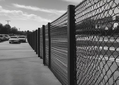 A wooden fence composed of two sections with contrasting colors, one side is light wood while the other is dark. The sections are joined by a rusted metal post capped with a spherical finial. In the background, a white corrugated metal wall is visible, adding a structured, industrial feel.