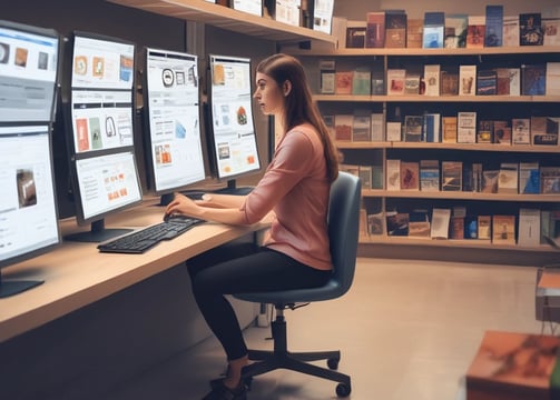 A person with short hair is sitting on an office chair, wearing a headset and a yellow shirt, while facing a computer screen. The desk is organized with two laptops, a keyboard, several potted plants, a desk lamp, and some electronics. The room has natural lighting coming from a window with wooden slats.