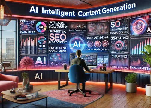 A creative AI workspace where intelligent content generation takes place. An AI assistant collaborat