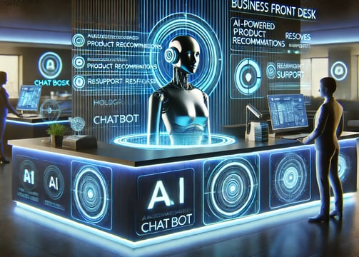 A futuristic business front desk where an AI-powered chatbot interacts seamlessly with customers. A 