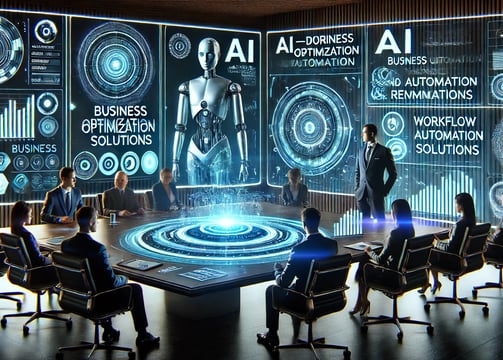 A futuristic executive boardroom where AI-driven business optimization and automation strategies com