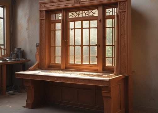 A person wearing traditional clothing is working meticulously on what appears to be an intricately designed wooden furniture piece or artifact. The background shows a large quantity of stacked wooden planks, indicating a workshop or carpentry setting.