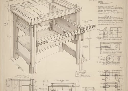 A workshop scene featuring a mannequin of a carpenter working on the wooden frame of a structure. The setting includes various wooden components, tools, and ladders around the workspace. The environment has a rustic and industrial feel with exposed brick walls and a large metal duct overhead.