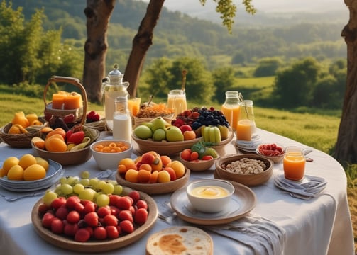 A kitchen countertop features various healthy food items including protein bars on a slate tray, a jar of yellow hummus, a wooden spoon, and a mug with a heart design. Packages of Alver Easy Protein powder are visible in the background. Fresh herbs, a bowl of blueberries, a container with seeds, strawberries, cherry tomatoes, and an avocado are also present, suggesting a focus on natural ingredients.