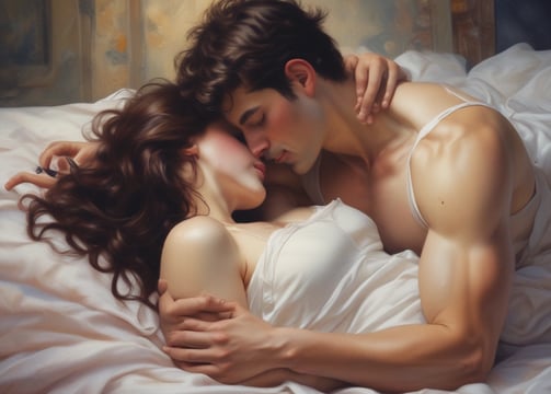 a man and woman in bed with a white sheet