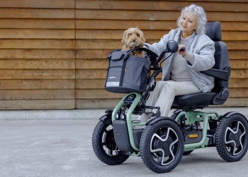 A Scoozy S800 being driven my a happy lady with a happy dog in the basket