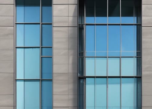 Several workers in harnesses are suspended on ropes while cleaning the glass facade of a skyscraper. The building reflects another skyscraper and the clear blue sky. A tree with green leaves is partially visible in the upper left corner.