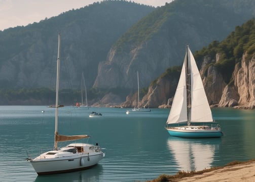 A large sailboat with prominent sails navigates an open body of water under a cloudy sky. Other smaller sailboats are visible in the distance, and a red and white striped lighthouse stands near the shore lined with greenery.