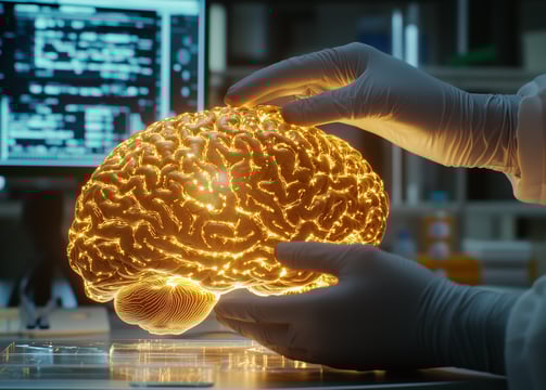 Ai Generated golden brain in the hands of scientist