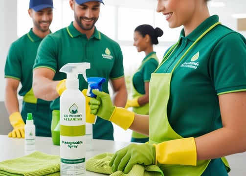 a cleaning team of women and men together on countertop with their cleaning supply 