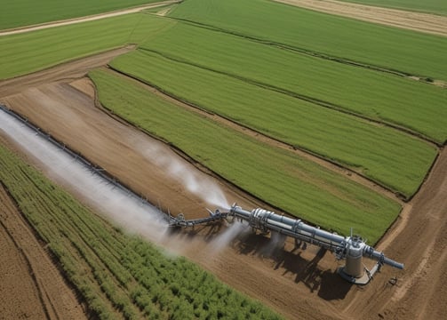 A vast agricultural field with evenly spaced rows of brown soil separated by white plastic sheeting. A lone person, possibly a farmer, is walking between the rows, wearing a red head covering and blue clothing. The field stretches extensively across the image, capturing the geometric pattern of the cultivation process.