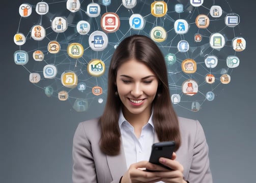 A person holds a smartphone that displays a website in French offering a simple and effective solution for managing social networks. The smartphone screen shows vibrant colors including purple and red text, and the background features green leaves.