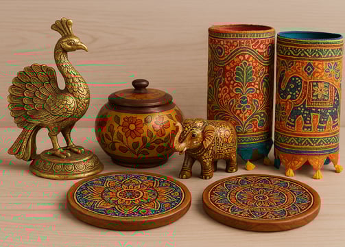 "Wood, metal, and clay handicraft items"
